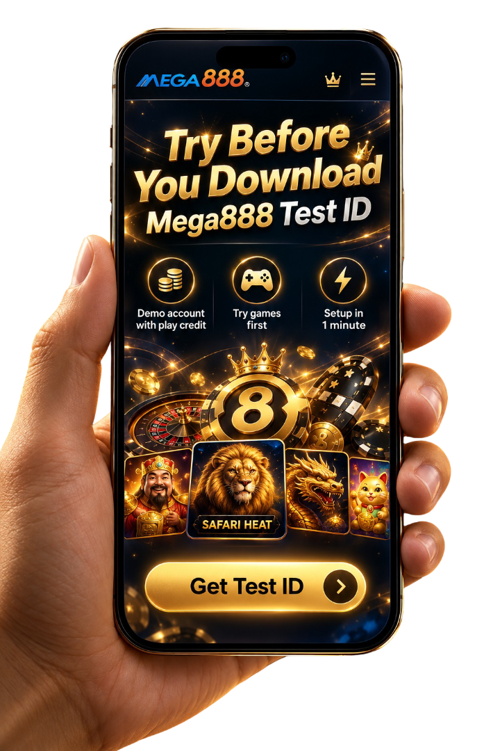 Two hands holding a phone in landscape showing the Mega888 app lobby